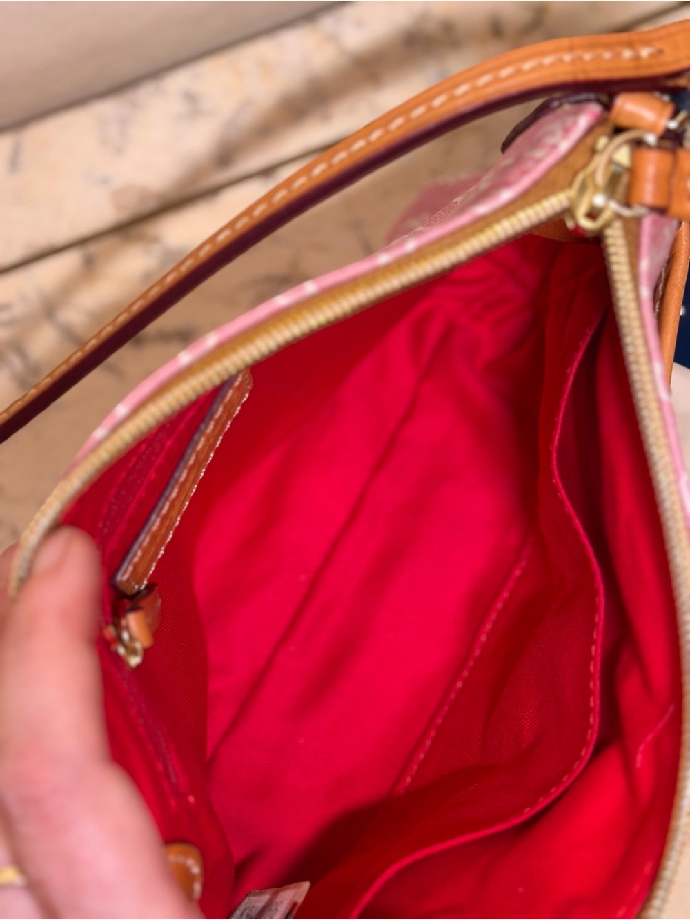 Pink Dooney & Bourke Crossbody Bag with Tan Leather Trim - Picture 7 of 10